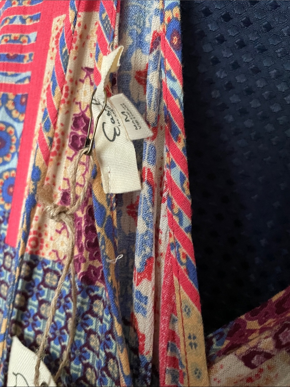 Patchwork Print Long-Sleeve V-Neck Dress in Red & Blue - Picture 15 of 15